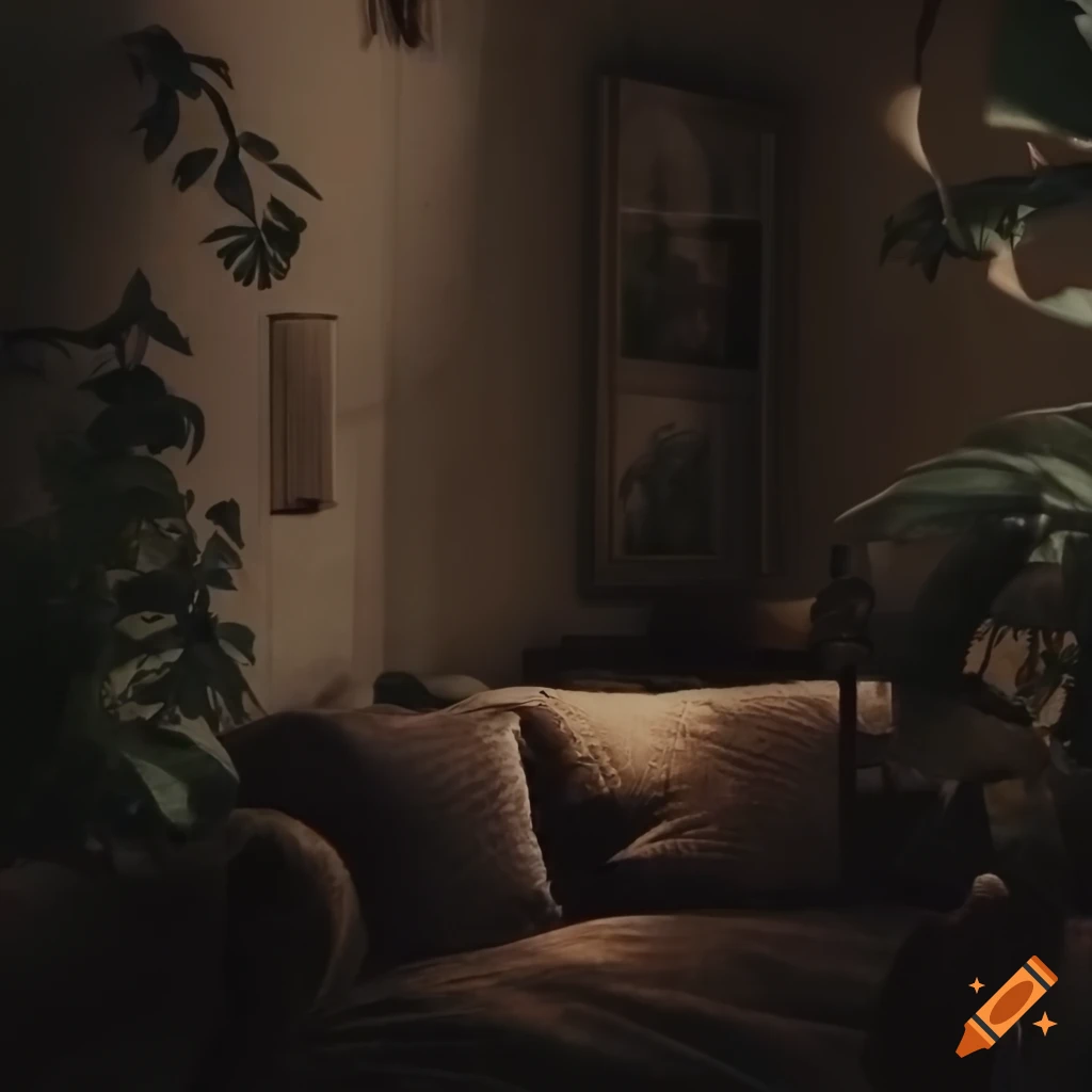 Cozy dark academia bedroom with plants, desk, bed, and art on Craiyon