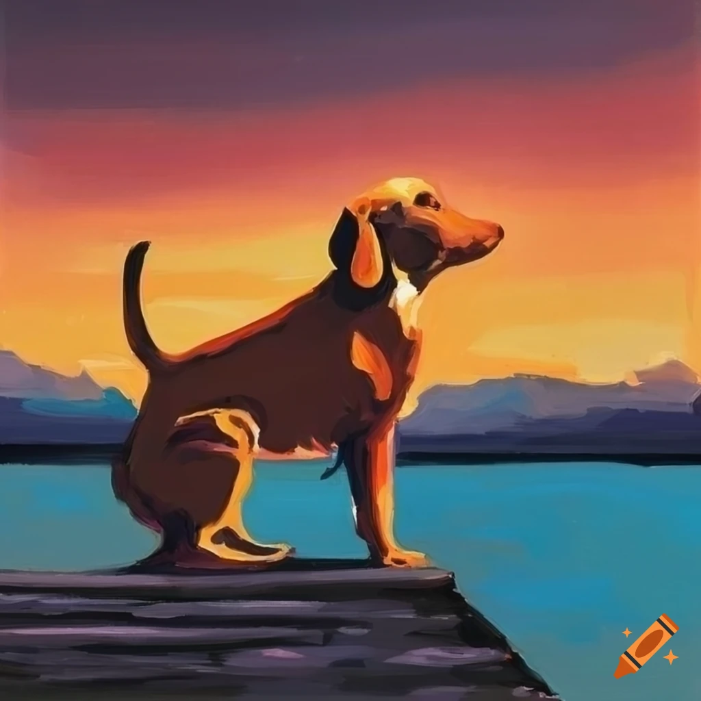 Dog sitting on a dock during sunset in a painting on Craiyon