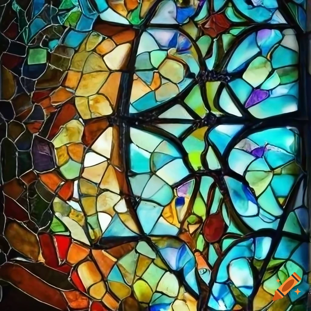 Stained glass mosaic of [SUBJECT] and natural elements with luminous ornate design