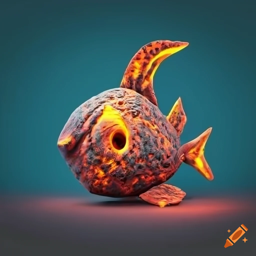 Stone fish in a magma lake in a 2D rendering