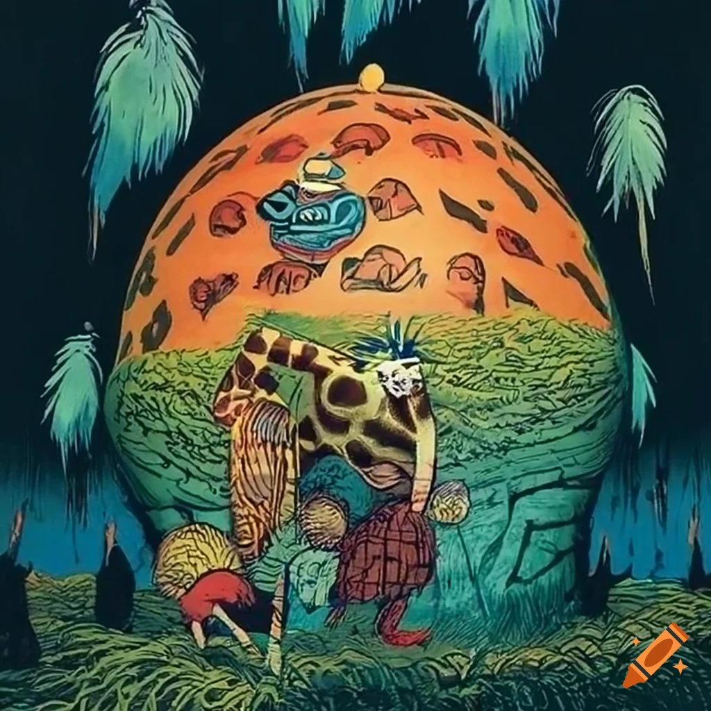 Colorful woodcut of Baba Yaga's mythical hut on giraffe legs