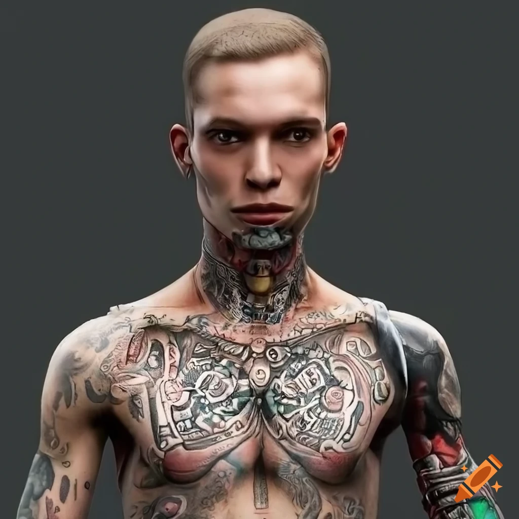  Highly detailed image of a skinny male cyborg with short hair and mayan ...