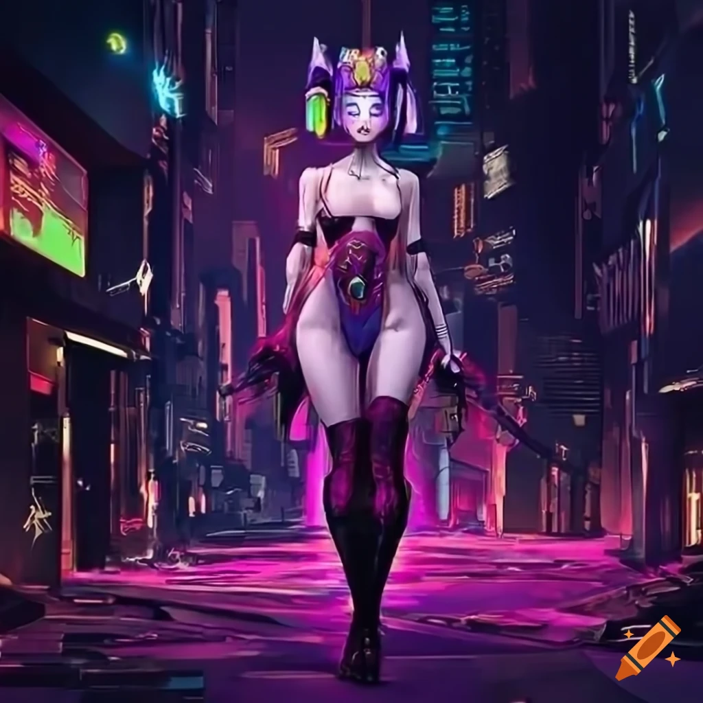 Shuten-douji in a cyberpunk high-tech night city in a fantasy setting