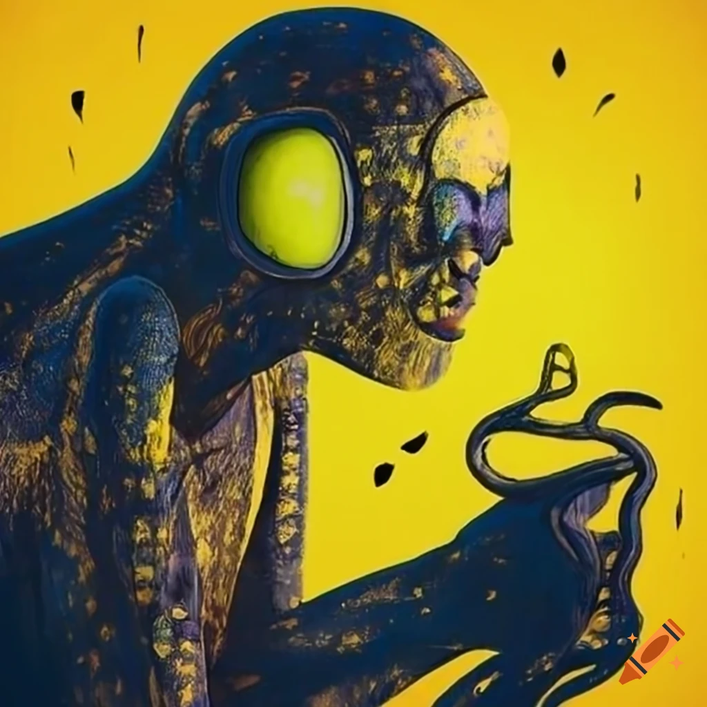 Dreamy black and yellow shades in a surreal scene with industrial reptiles and people absorbed in phones