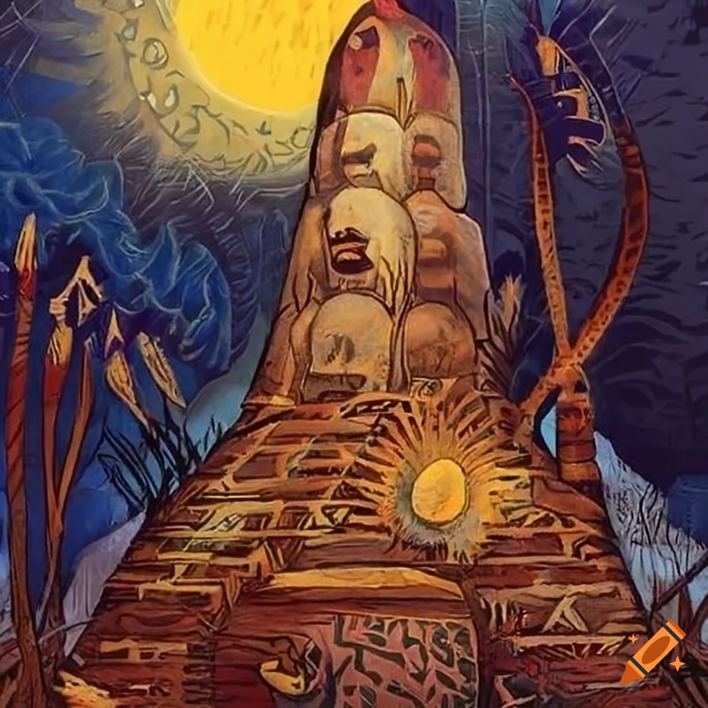 Intricate color woodcut of Baba Yaga's mythical hut on giraffe legs