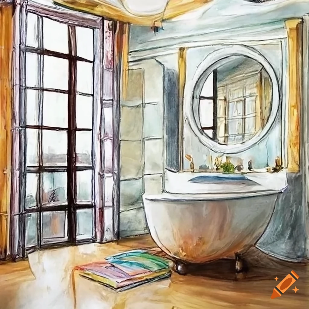 Colorful pencil drawing of a luxurious bathroom on Craiyon