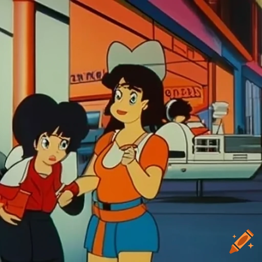 Retro 1990s chillwave home appliances store interior scene: "Kimagure Orange Road" "City Hunter" "Dire Straits Money For Nothing"