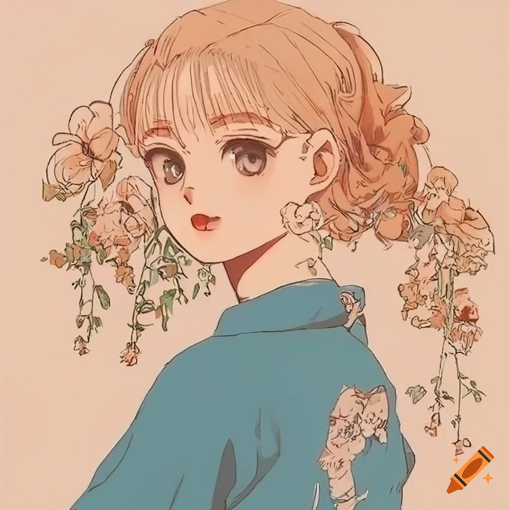 Retro manga aesthetic cottagecore illustration
