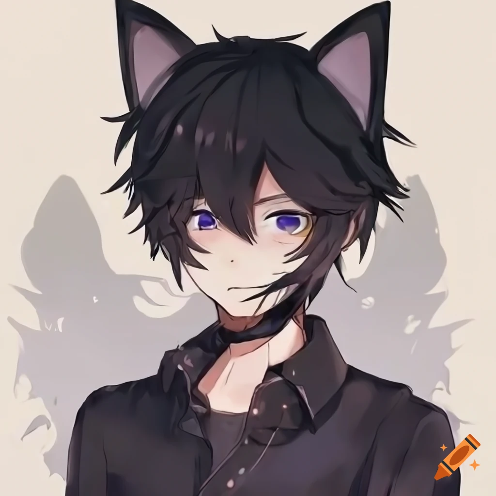 Boy with cat ears and black fur in an anime style
