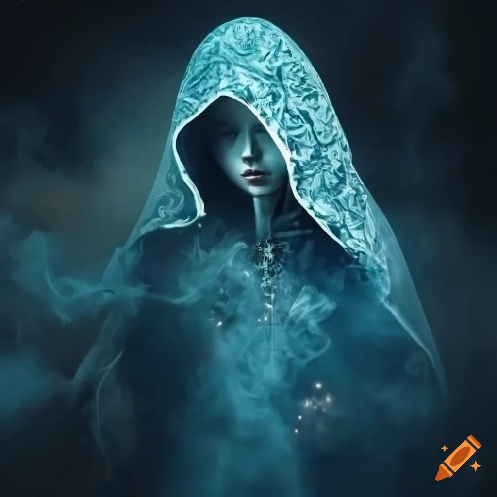Female in a cloak made of stars surrounded by smoke