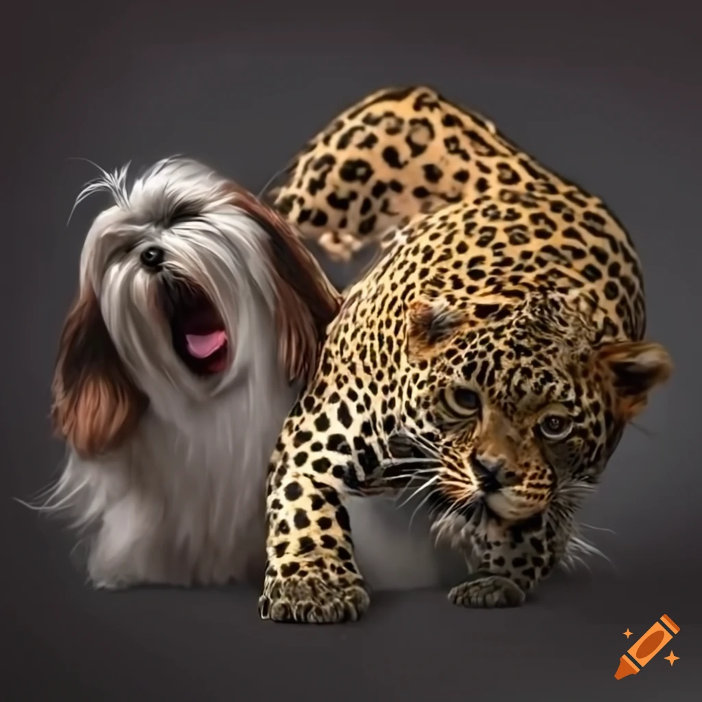 Leopard and lhasa apso in aggressive interaction on Craiyon