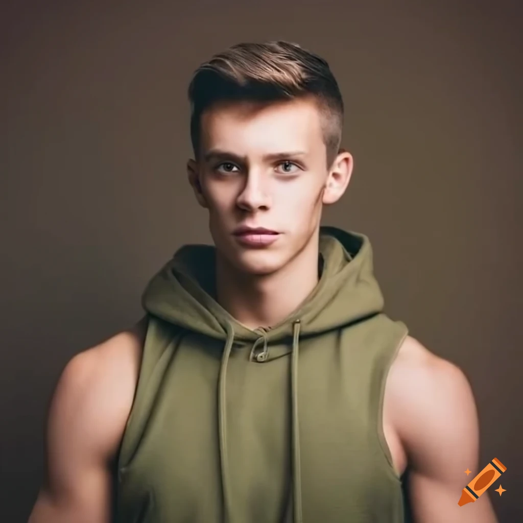Muscular young man in olive hoodie