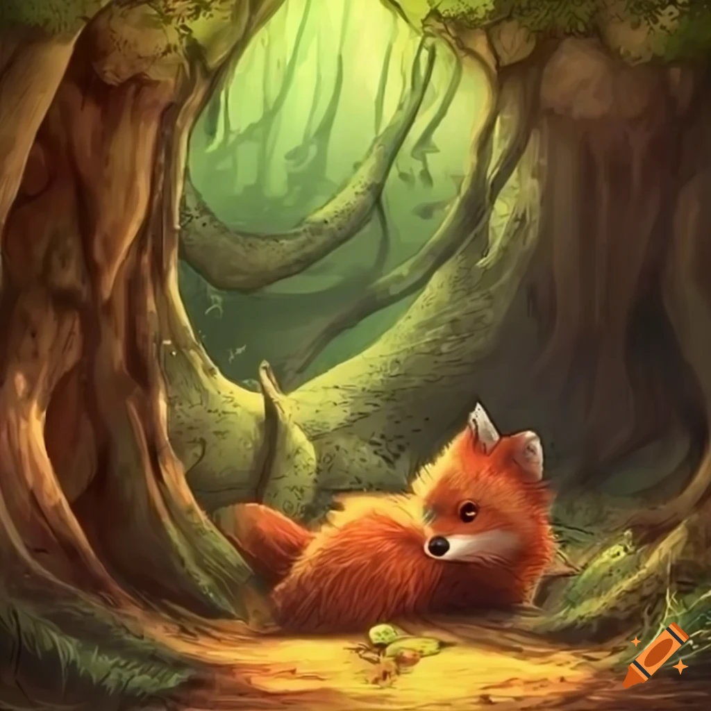 Cozy den beneath the roots of the grandest oak tree with a small fox named Finn