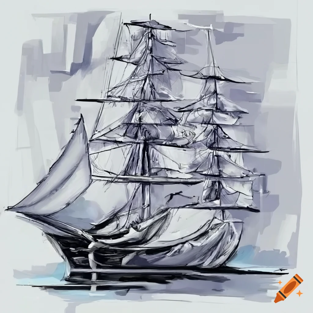 Impressive sailboat in sci-fi realism rough sketch art on a white background