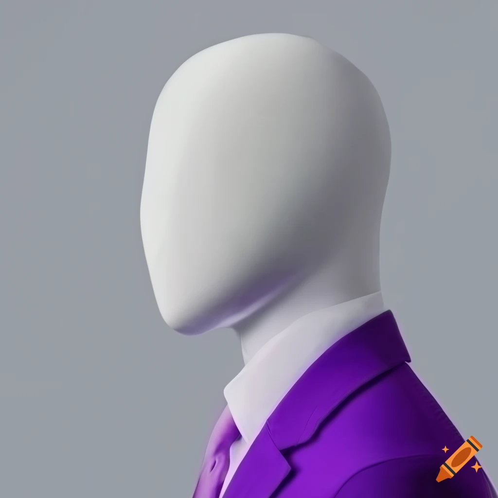 Male mannequin in a suit against a city backdrop with purple clothes