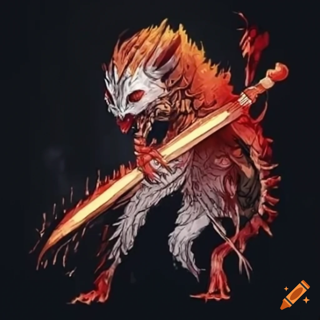 Monster creature wielding a sword with a golden aura on Craiyon
