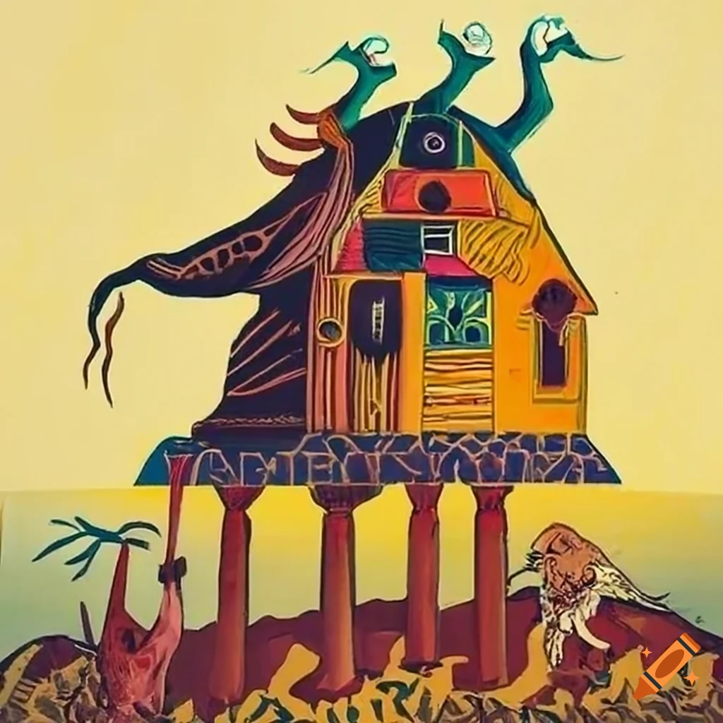Intricate color woodcut of Baba Yaga's mythical hut on giraffe legs