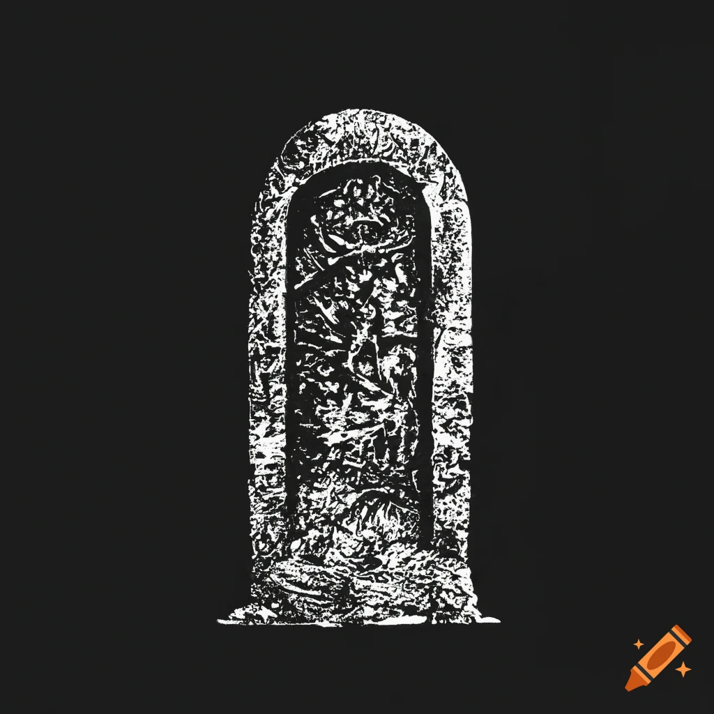 Rundown gravestone in black and white woodcut style