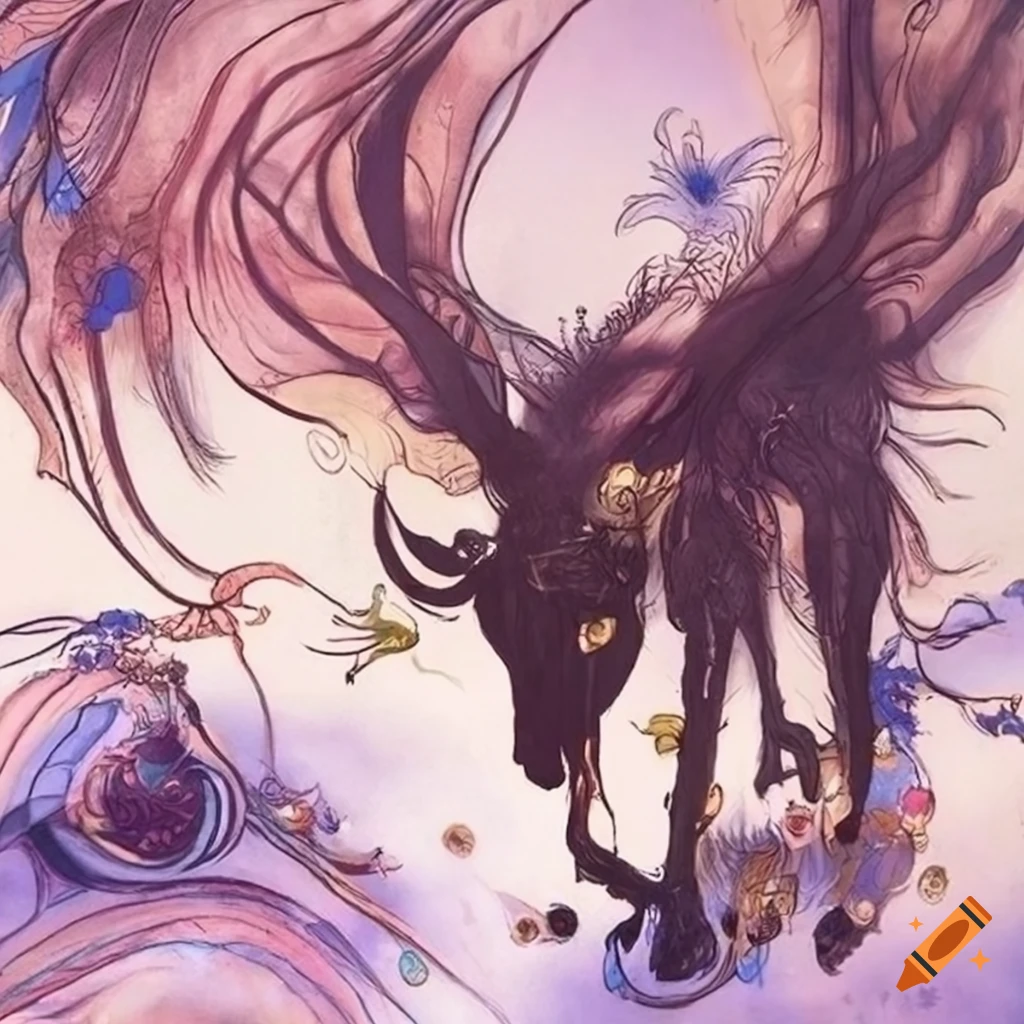 Artwork of animal constellations in the style of Yoshitaka Amano
