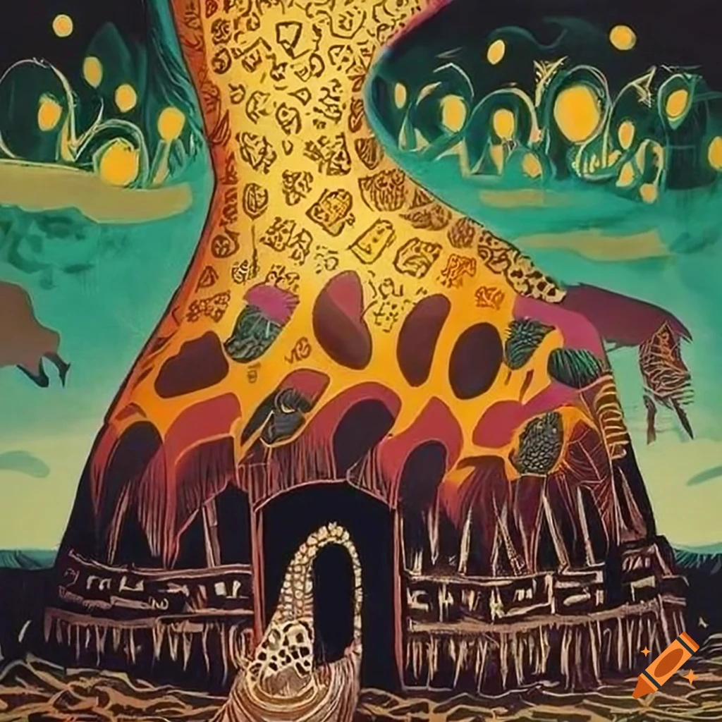 Baba Yaga's mythical hut of fur and feathers on giraffe leg pillars in intricate woodcut art