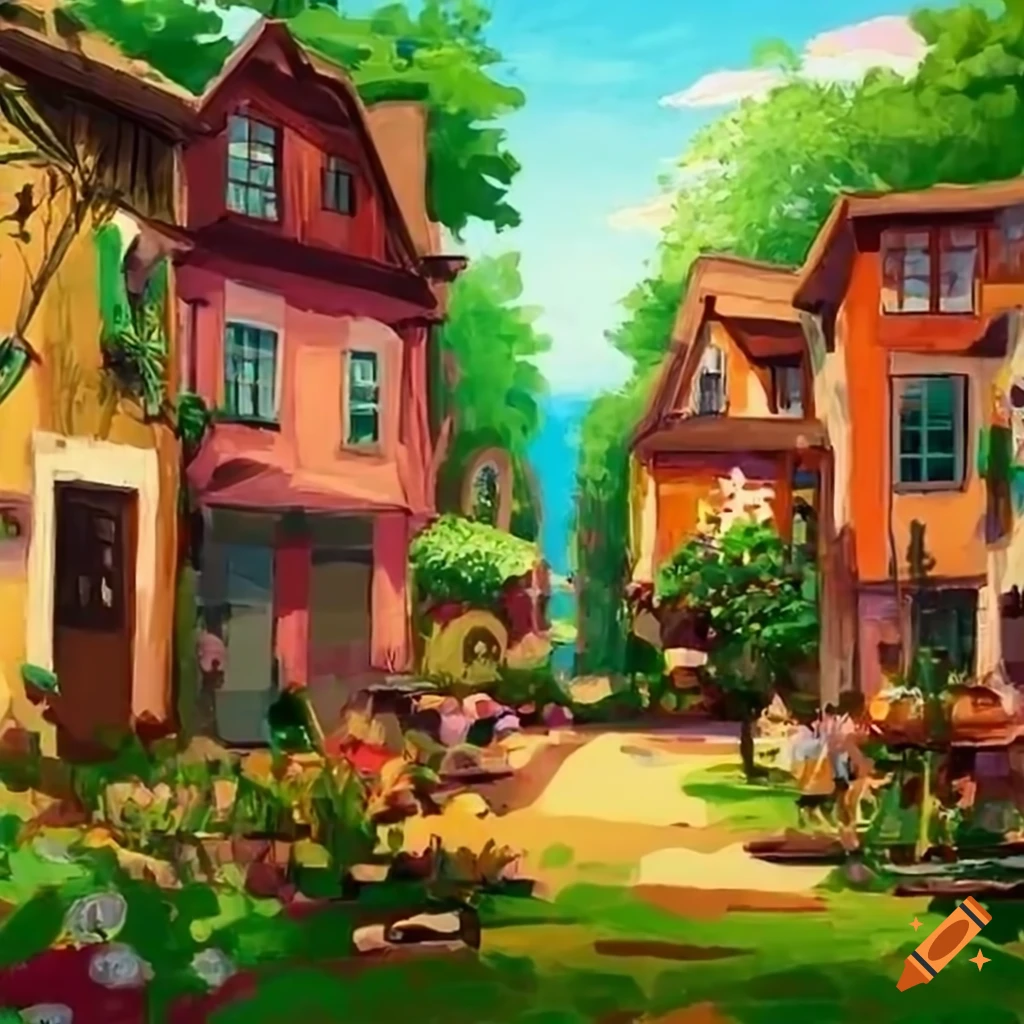 Cozy sustainable town with greenery and happy families