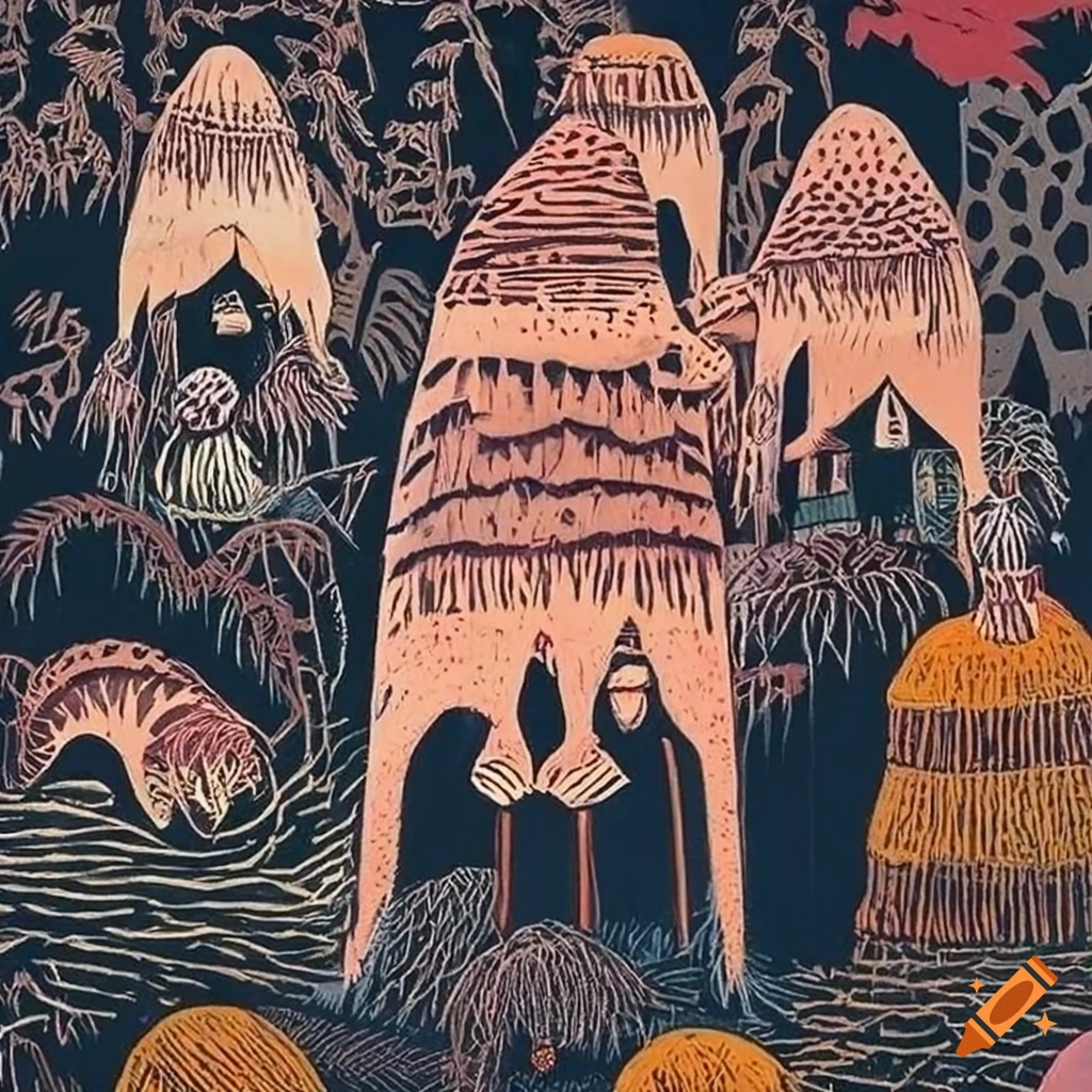 Artwork of Baba Yaga's mythical hut made of fur and feathers on giraffe pillars
