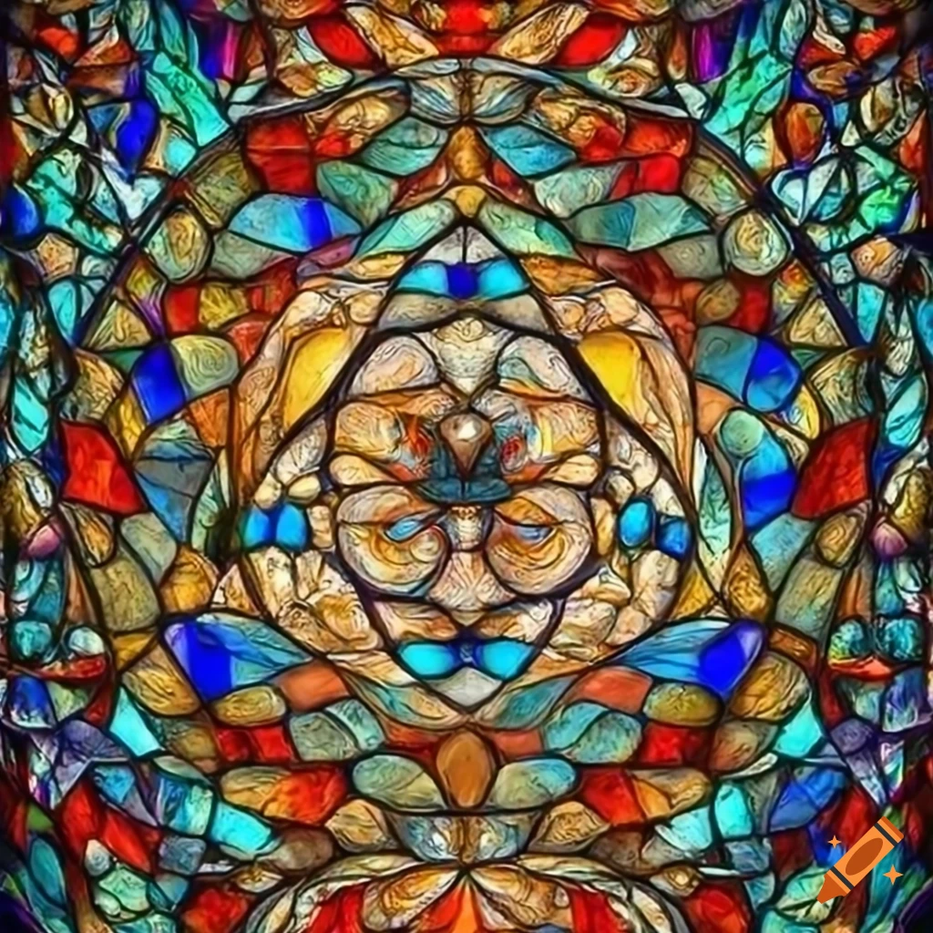 Stained glass mosaic of [SUBJECT] and natural elements with luminous ornate design
