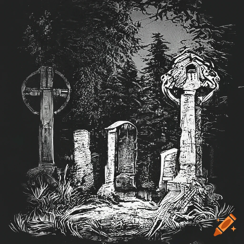 Rundown cemetery in black and white woodcut style