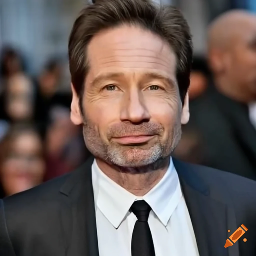 David Duchovny smiling in a black suit and tie
