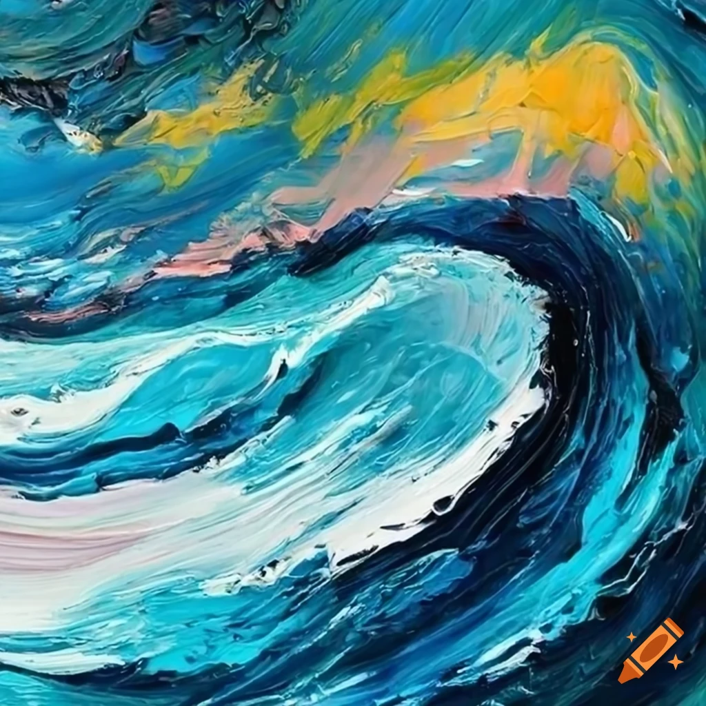 Vibrant acrylic painting of waves crashing on rocky Mexican shore