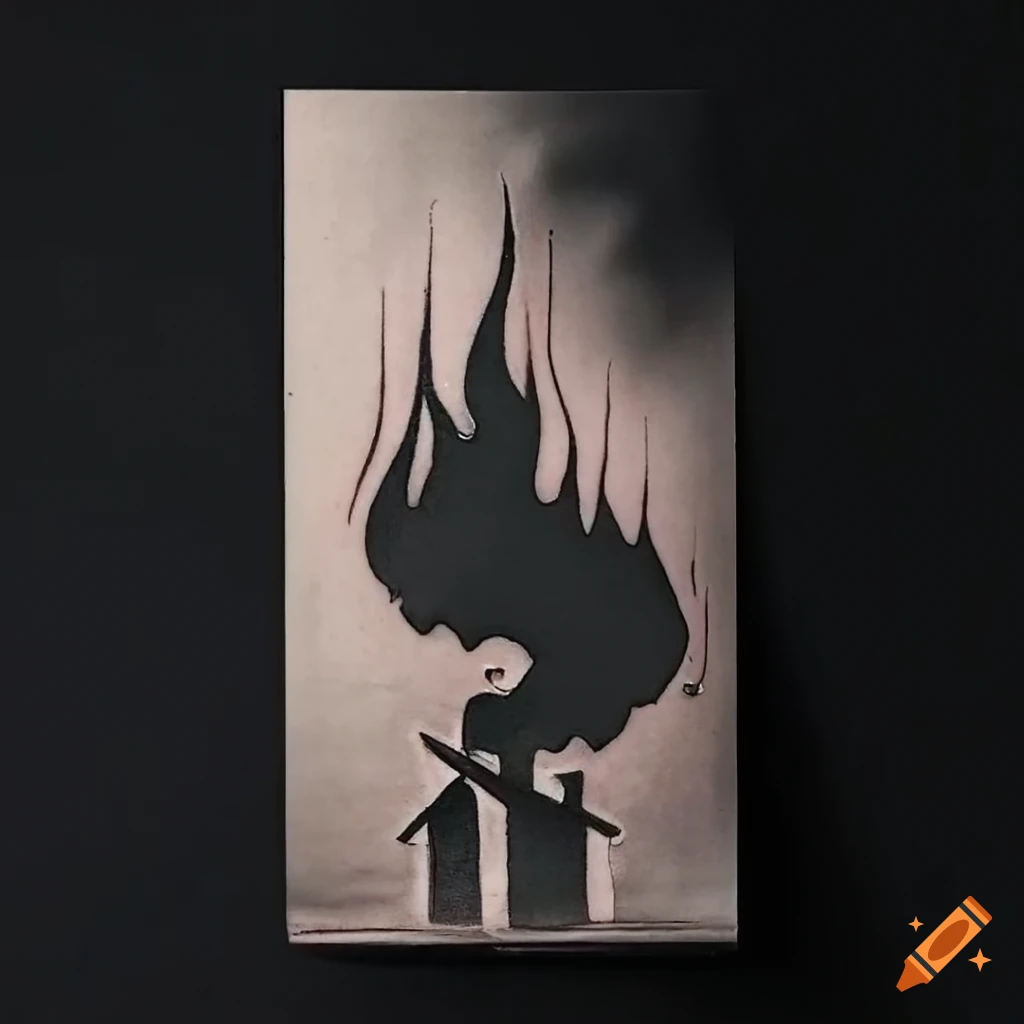 Minimalistic black work tattoo stencil of a burning 2-story house