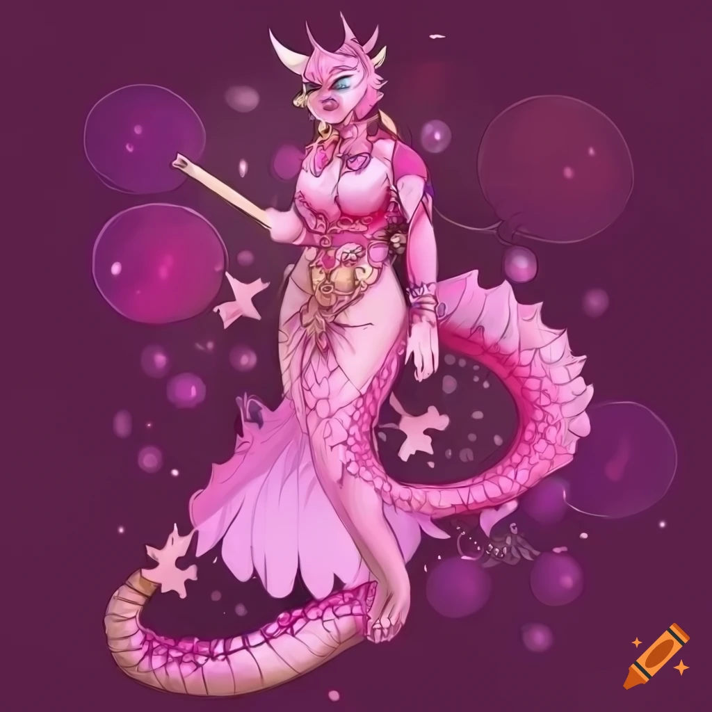Pink dragon and dragoness in oriental dresses with impish smiles