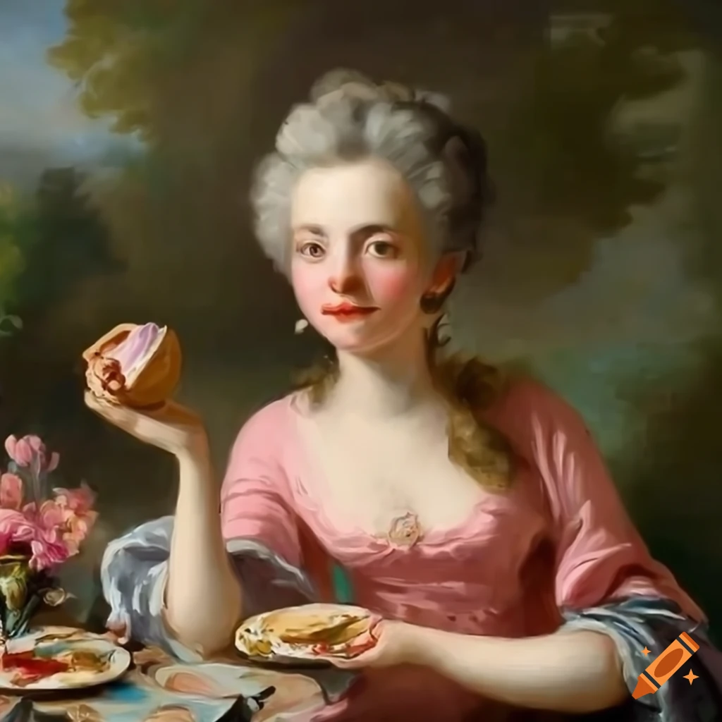 Rococo-style oil painting with woman eating a sandwich in a whimsical garden scene