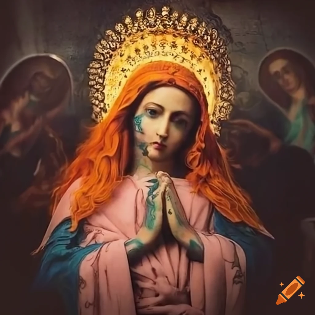 Virgin Mary with unique characteristics and orange hair