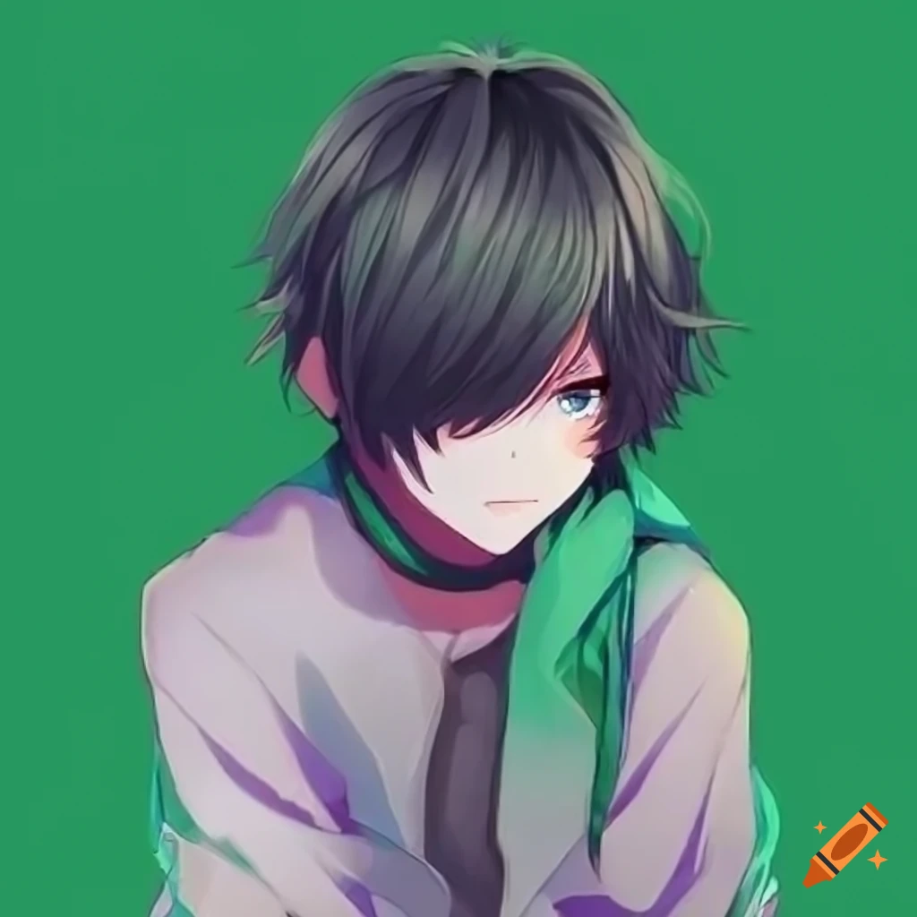 Anime boy character with long black hair on a green background on Craiyon