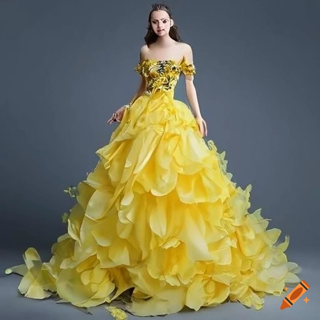Yellow ballgown made of ornate flower petals