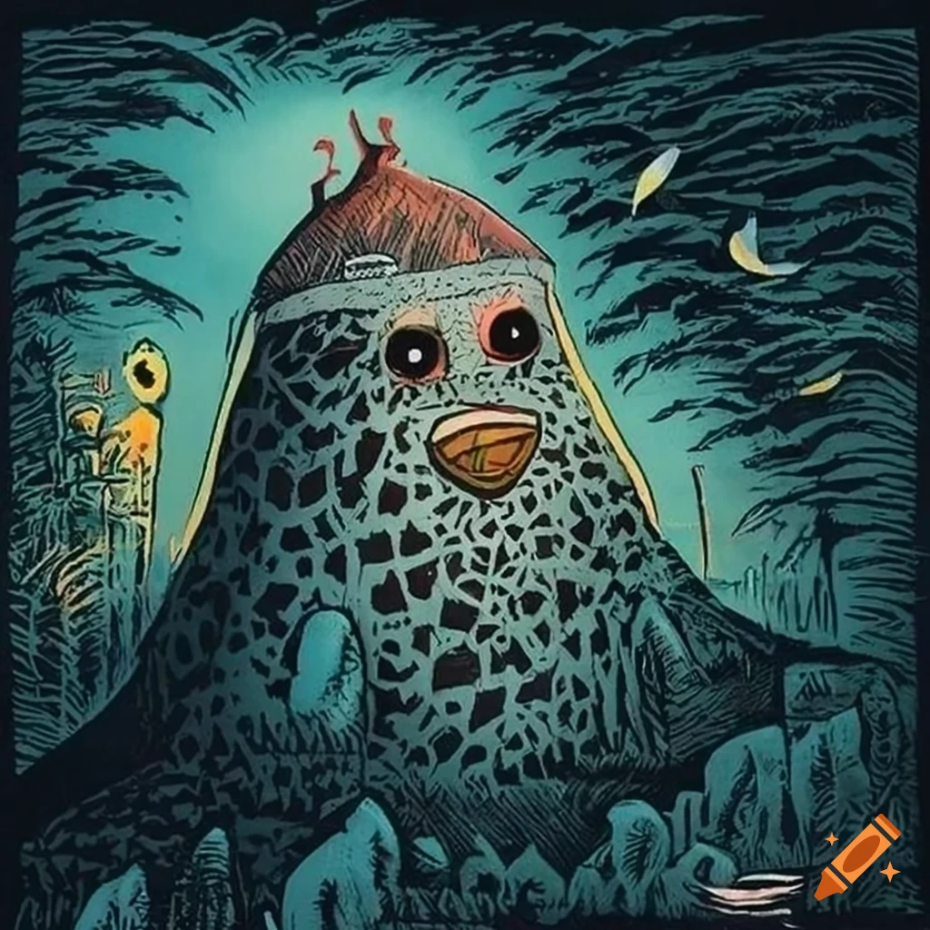 Intricate woodcut of Baba Yaga's mythical hut with fur, feathers, and giraffe legs