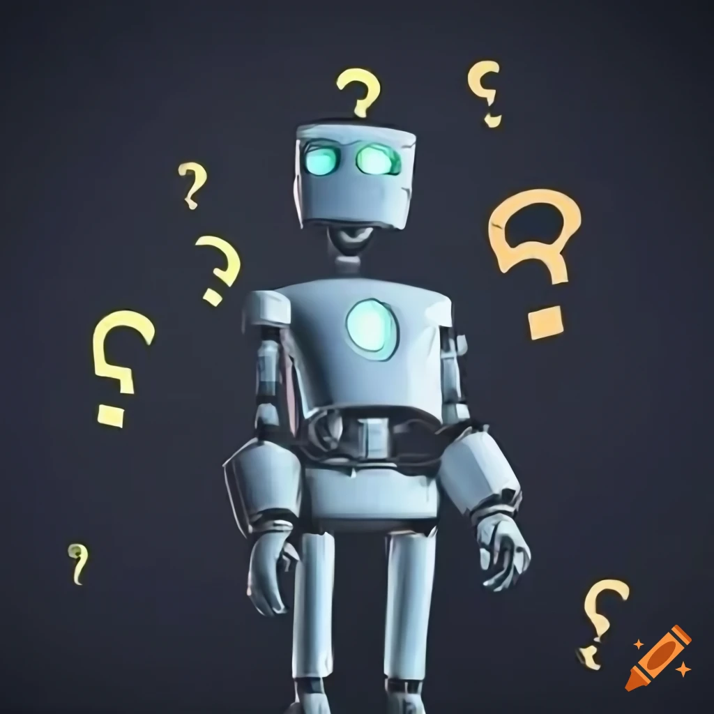 Confused bot with question marks swirling around head on transparent ...