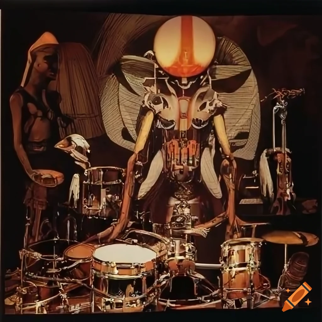 1970's sci-fi art of ancient tribal biomechanoids playing futuristic drums in a music lab