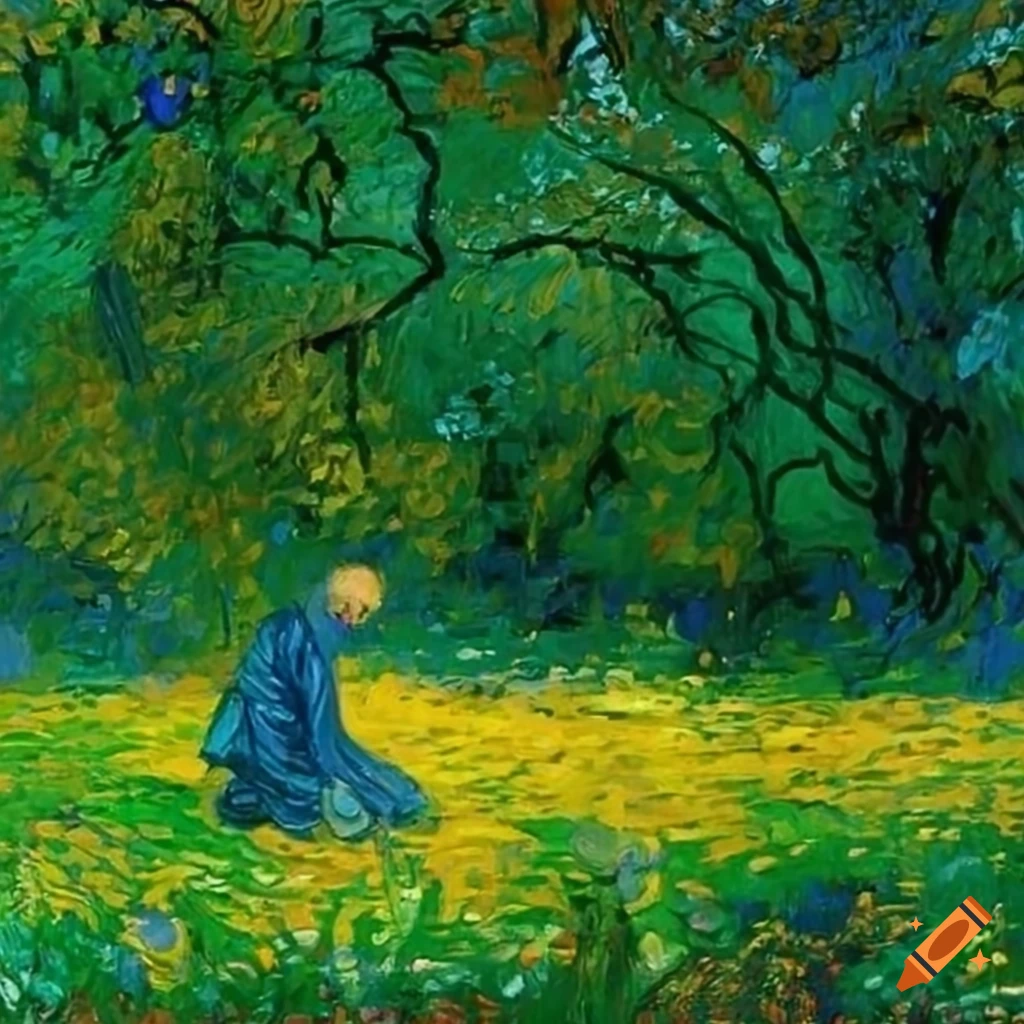 Man contemplating a green meadow with flowers, butterflies, and colorful birds in a van Gogh style painting