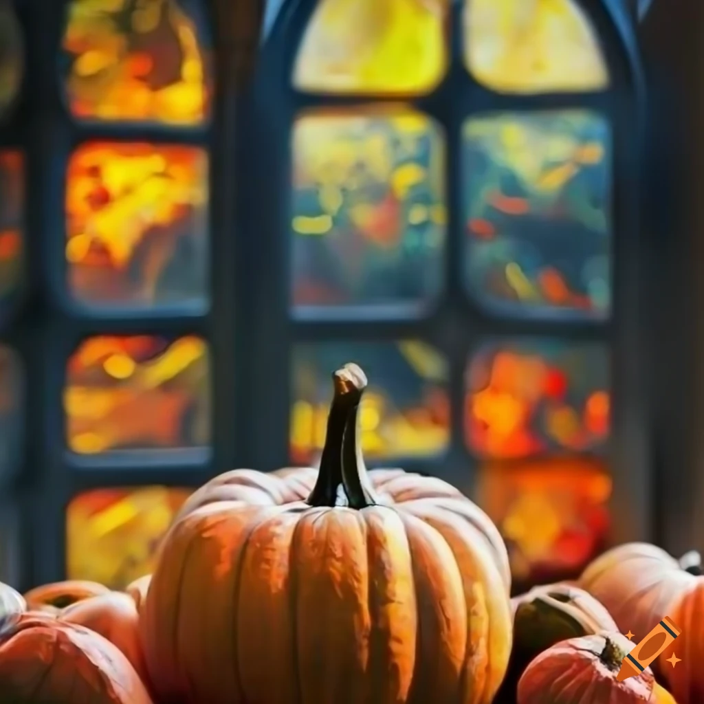 Autumn Stained Glass with pumpkins and leaves icon