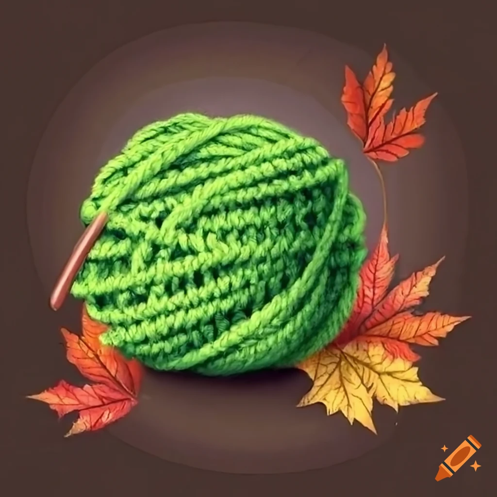 Green yarn balls and crochet hook with fall leaves background