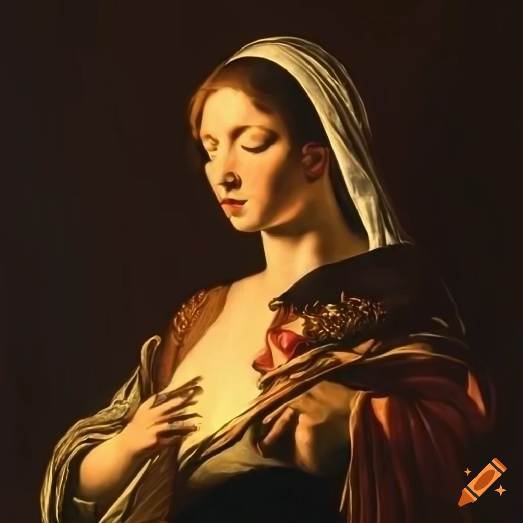 Saint Mary holding her glowing heart in Caravaggio style painting
