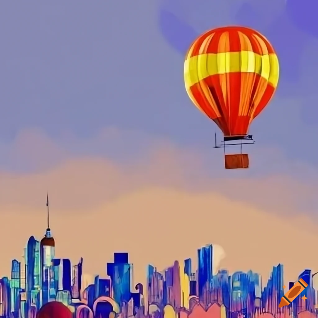Chicago skyline with circus in foreground and hot air balloons above