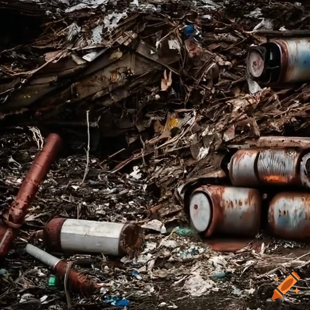Stacked abandoned rusting li-ion EV batteries in a landfill