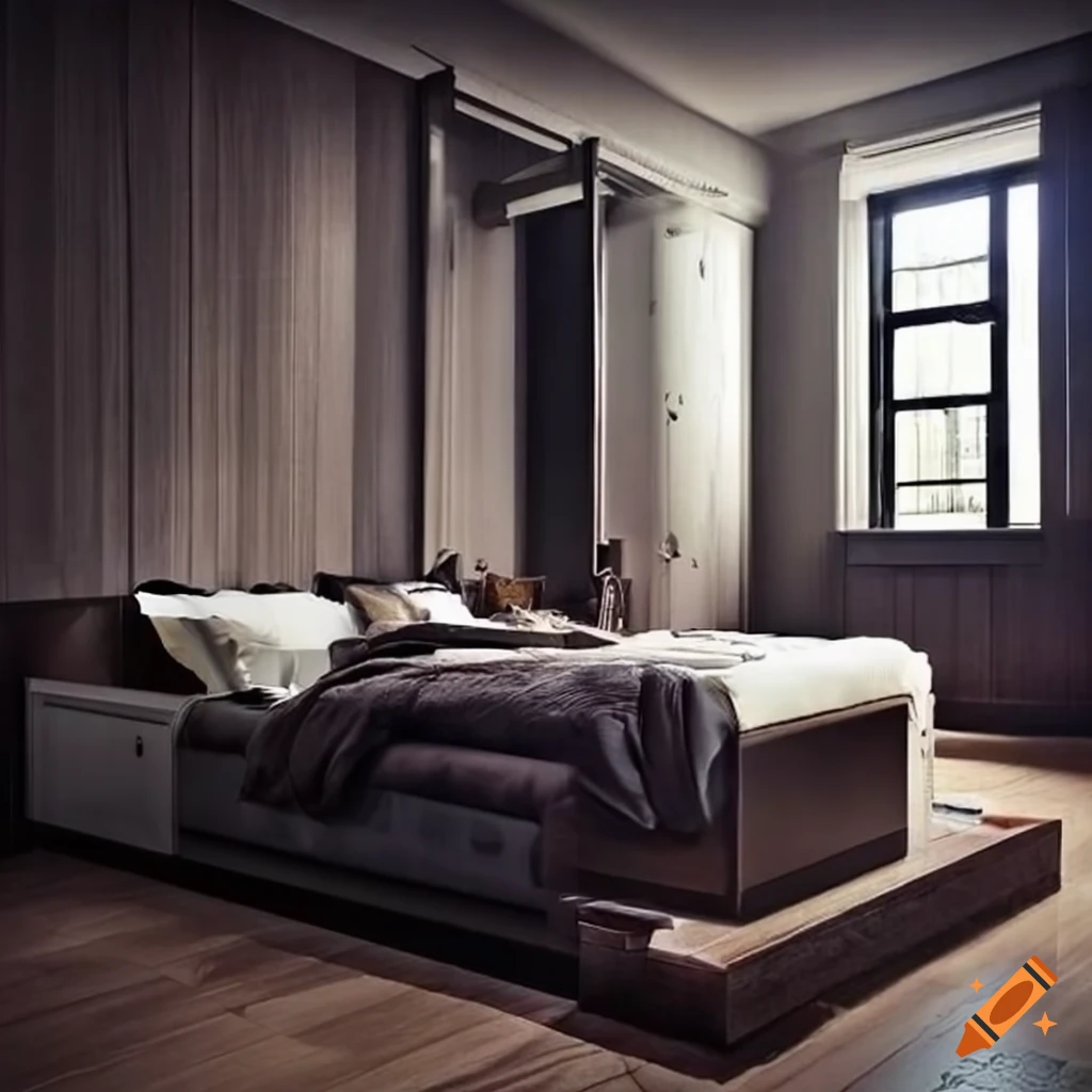 Urban style bedroom with bed and vanity mirror on Craiyon