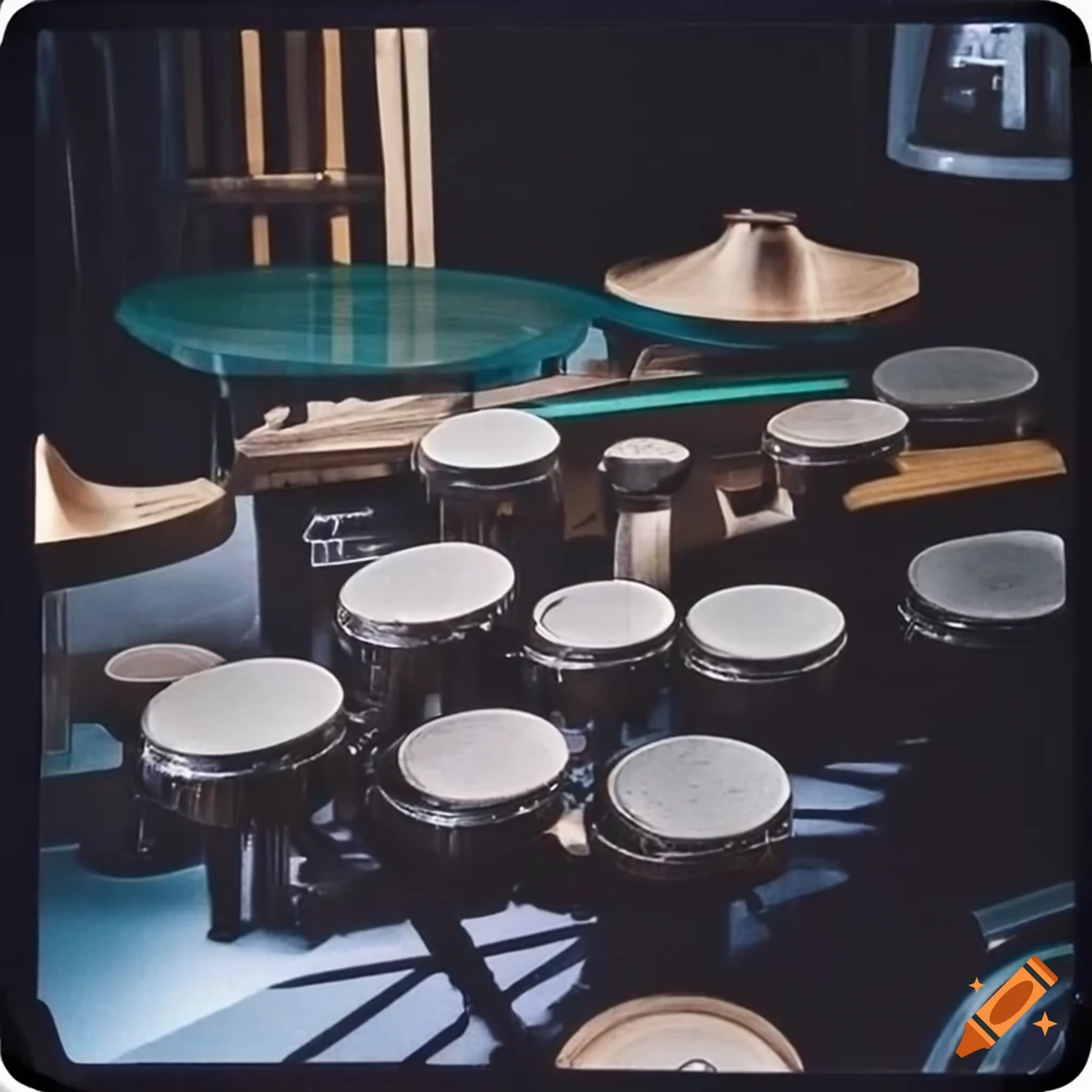 Collection of futuristic electronic percussion instruments in the jungle, 1970's style