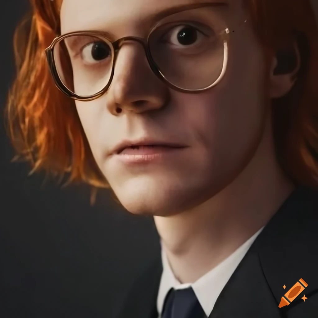 Portrait of actor evan peters with ginger hair and glasses in a formal