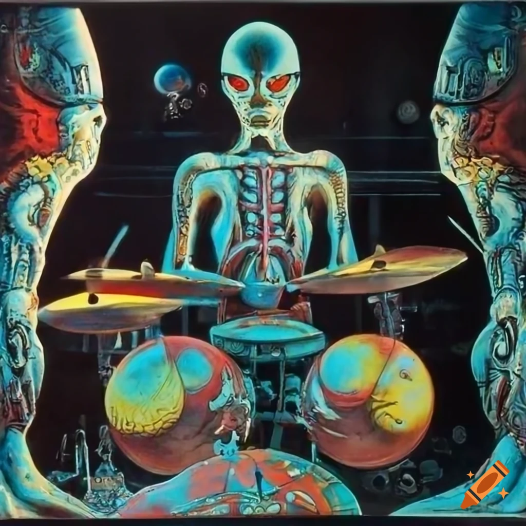 1970's sci-fi art of ancient tribal biomechanoids playing futuristic drums in a music lab