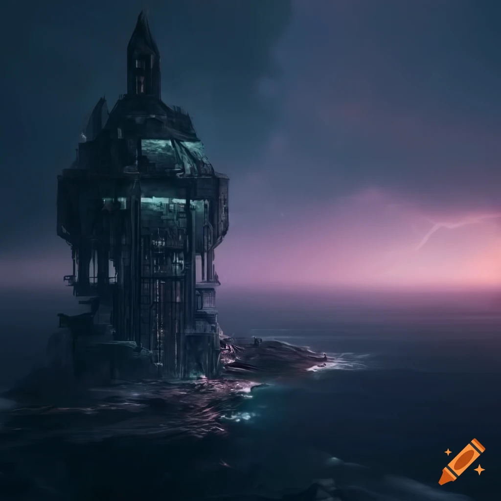 Cybernetic sword tower in a futuristic city ruins by the coast during a dark thunderstorm